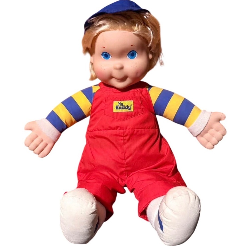 Vintage Playskool My Buddy Blonde  Doll Red Overalls Blue Hat 1980s Retro